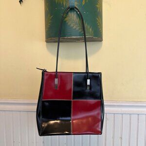 Colorblock Black & Red Patent Leather Tote Bag Vintage 90s Purse